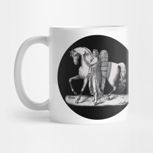 Classic angel next to the majestic horse. Vintage drawing in black and white Mug